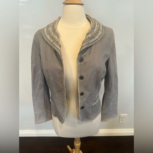 Elie Tahari Women's Gray Ruffled Leather Jacket Size Small Petite - Picture 5 of 10